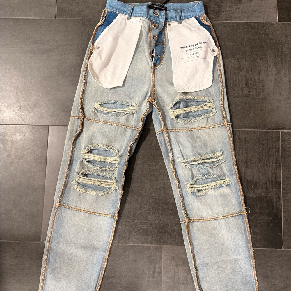 Maniere De Voir Light Blue Jeans with White Accents